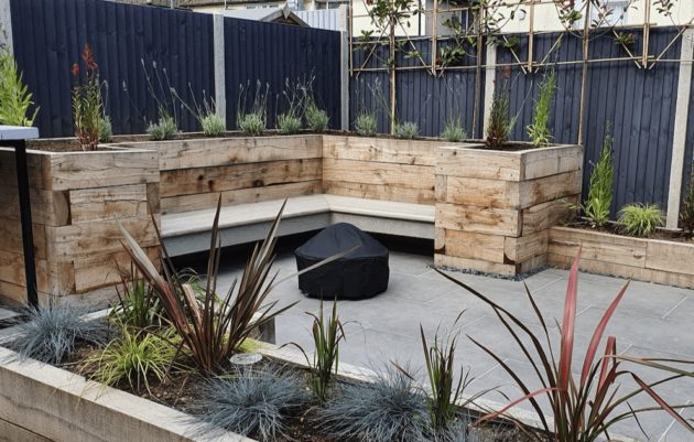 Raised beds and porcelain paving